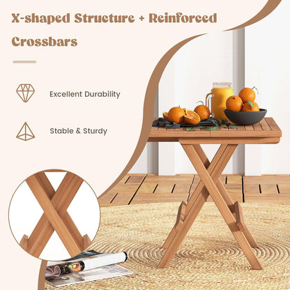 HAPPYGRILL Square Folding Patio Side Table, Indonesia Teak Wood Dining Table with Slatted Tabletop, Sturdy X-Shaped Frame, Outdoor Patio End Table for Garden Deck Porch Balcony Backyard Camping