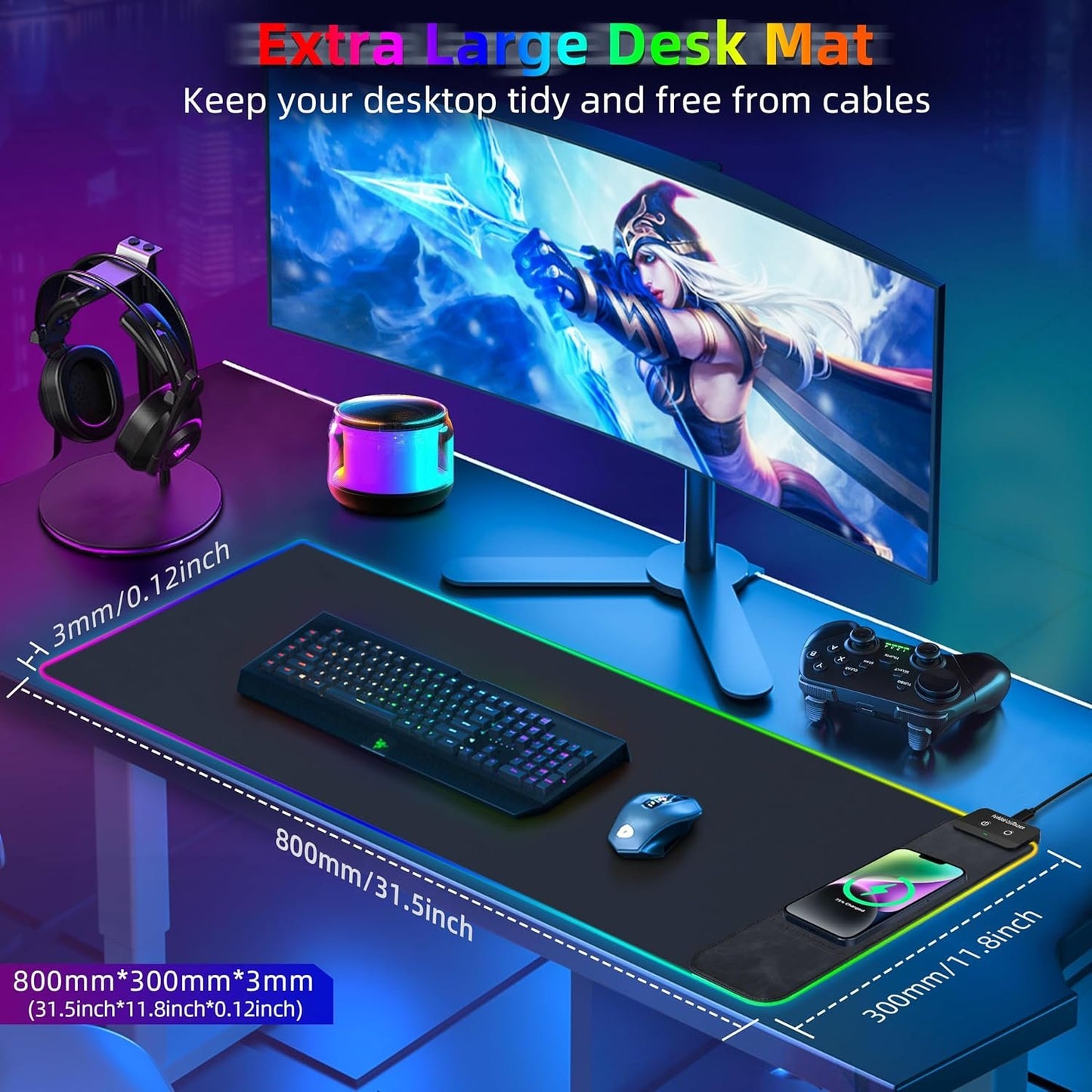 Wireless Future Charger Gaming Mouse Pad, 10W Wireless Charging, RGB with 9 LED Light Modes, 31.5"x11.8" Large Desk Mat, Non-Slip Rubber Base, Waterproof, Black