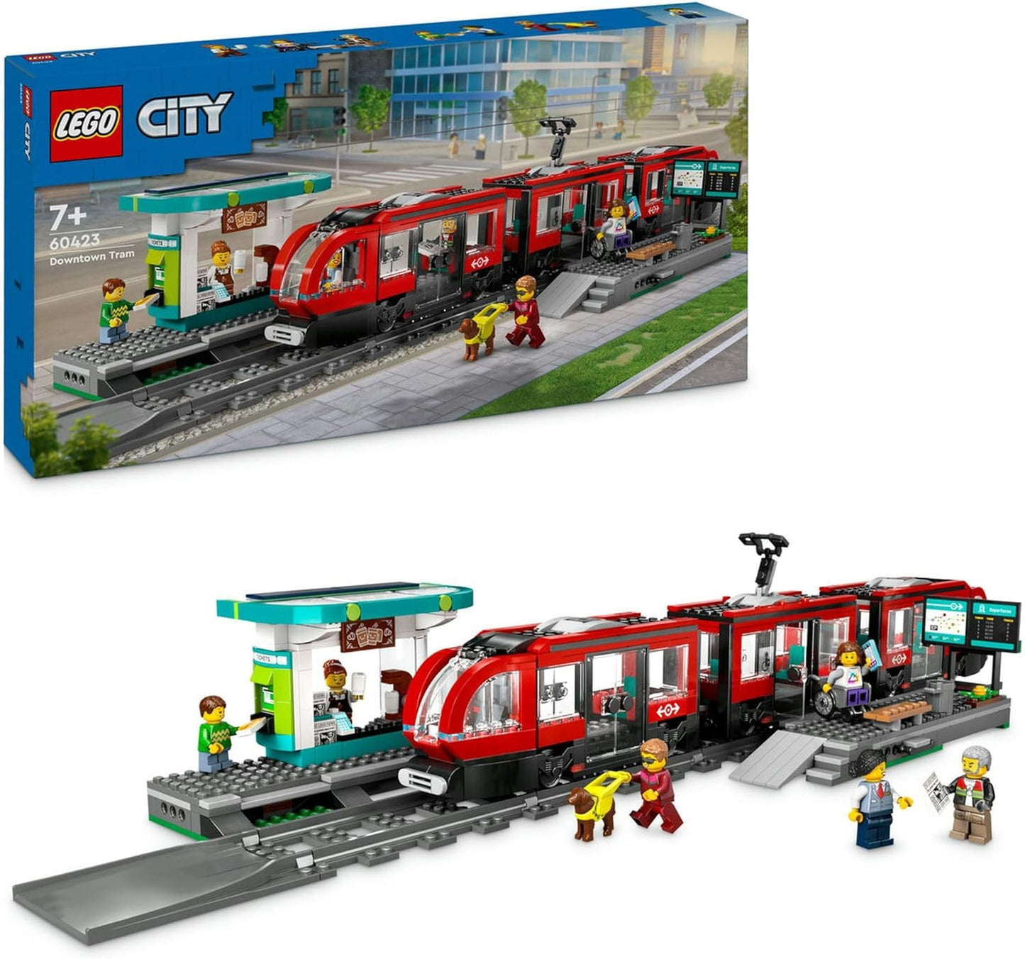 LEGO® City Downtown Tram and Station 60423 Playset for Tramcar and Toy Train Fans Aged 7 Plus, Christmas Toy for Kids, 6 Minifigures and a Guide Dog Figure for Role Play