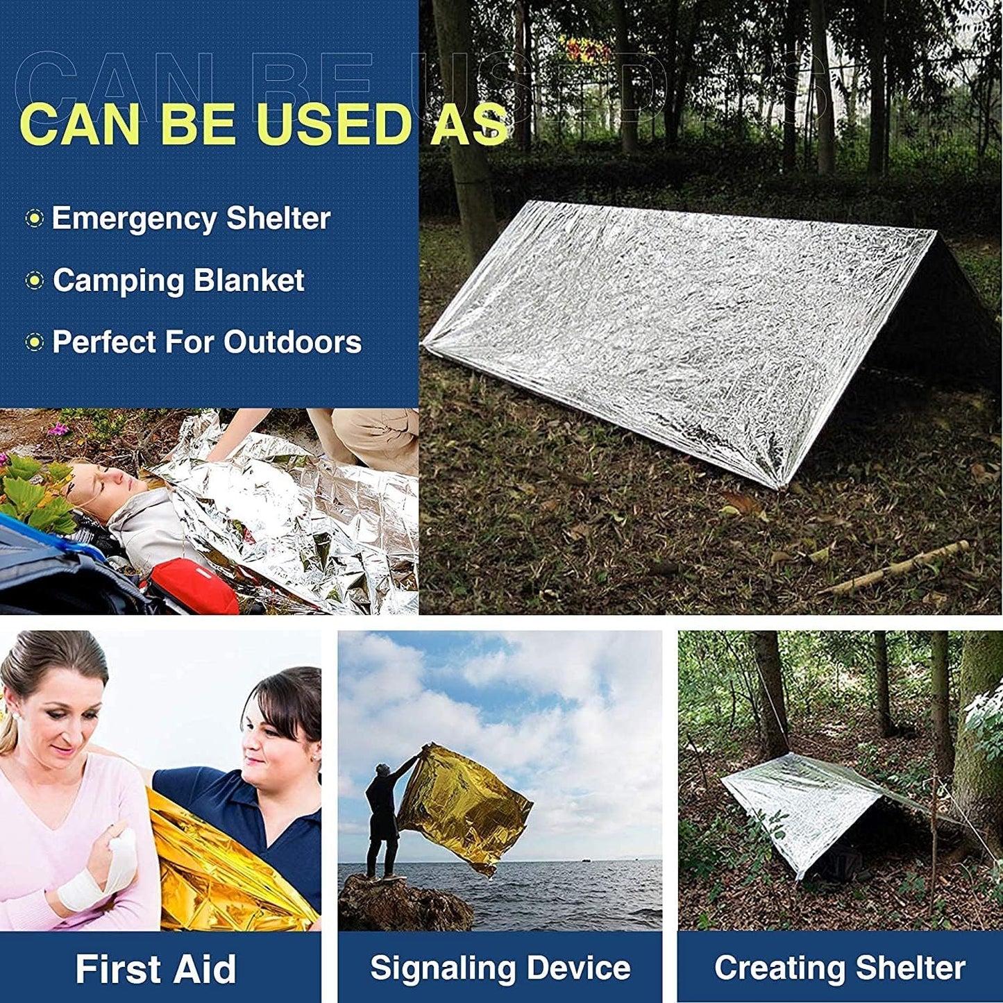 RISEN Emergency Foil Mylar Thermal Blankets - Retains 90% of Body Heat, High Reflective Space Safety Blanket - Ideal Supply for Survival, Outdoors, Camping, Hiking, First Aid (8 Silver)