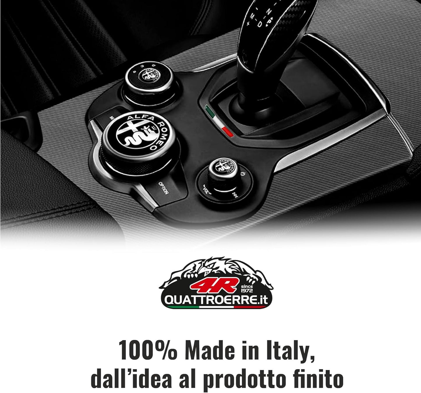 4R Quattroerre.it, Kit of 3D Emblem Stickers Ideal for Alfa Romeo Stelvio and Giulia Interior, OEM Certificated, 2 Tricolour Stickers and 3 Logo Stickers, Official Product