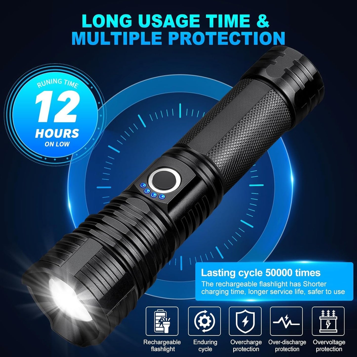 Rechargeable Flashlight 300,000 Lumens, BCOTE Super Bright Led Flashlights, Flash Light with ΒATTERY & 12 Hours Runtime, Zoomable, IPX6 Waterproof Flashlight High Lumens for Emergency Camping