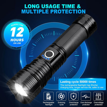 Rechargeable Flashlight 300,000 Lumens, BCOTE Super Bright Led Flashlights, Flash Light with ΒATTERY & 12 Hours Runtime, Zoomable, IPX6 Waterproof Flashlight High Lumens for Emergency Camping