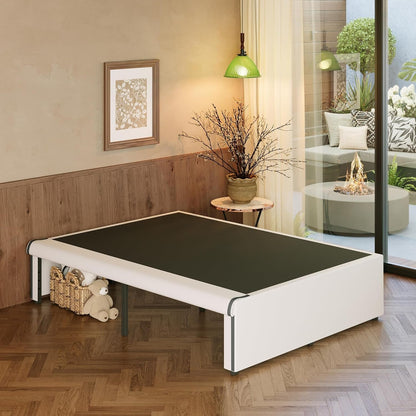 EMODA Queen Bed Frame with White Cover No Box Spring Needed, 18 Inch Heavy Duty Metal Platform BedFrame Queen Size with Steel Slats, Easy Assembly
