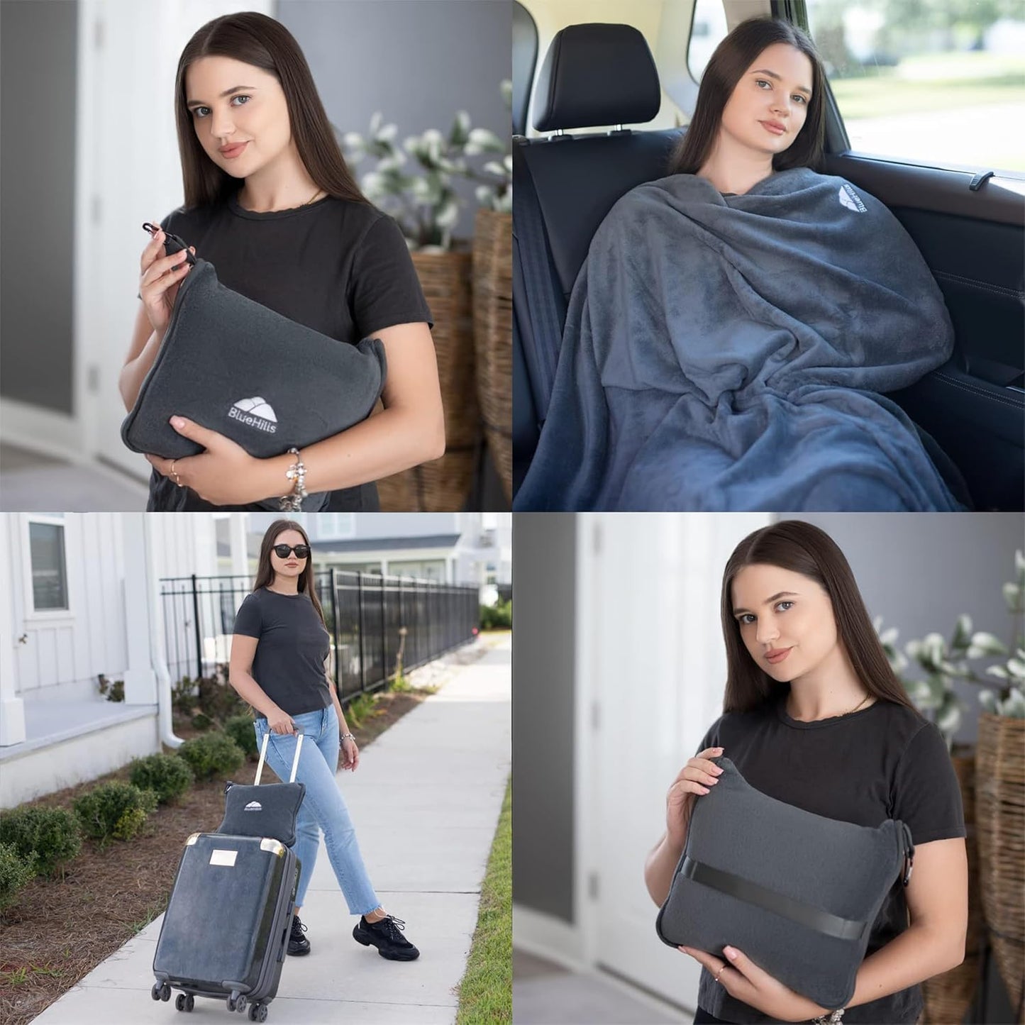 BlueHills Premium Soft Travel Blanket Pillow Airplane Flight Blanket throw in Soft Bag Pillow case with Hand Luggage Belt and Backpack Clip Compact Pack Large Blanket for Travel Grey Color (Gray T007)