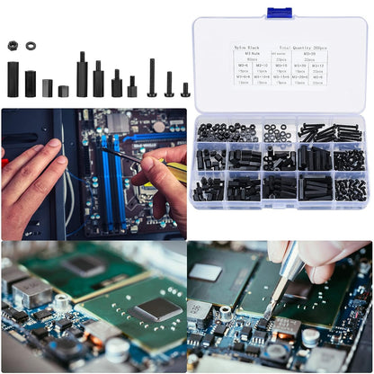 Ewwtrey 260 Pcs M3 Nylon Hex Screws Nut Circuit Spacers, Male Female Screws Standoff Nuts Threaded Pillar PCB Motherboard Circuit Board Machine Cylinder Spacers Kit - Black