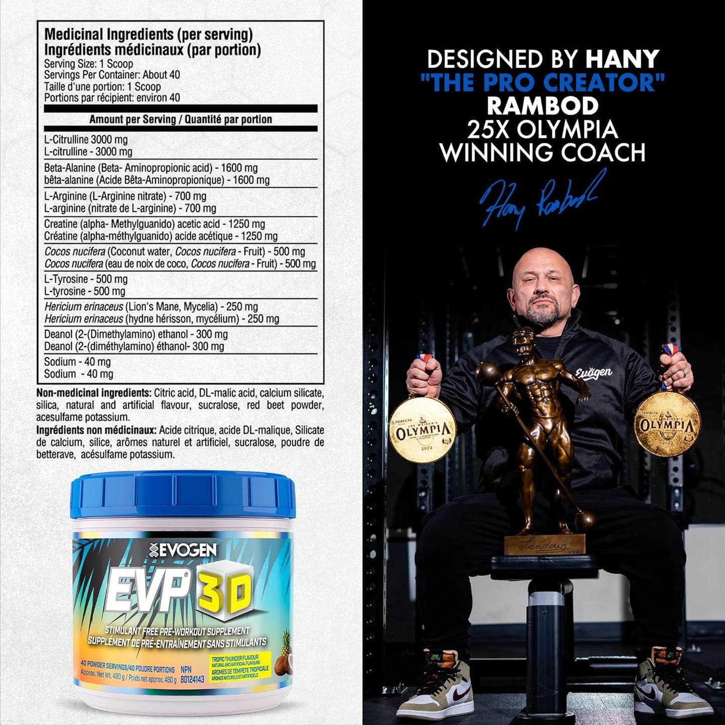 Evogen EVP 3D - Stim Free Pre-Workout | Muscle Pump & Vascularity, Mental Focus, Boosts Nitric Oxide | Arginine Nitrate, L-Citrulline, Lion's Mane | Tropic Thunder | 40 Servings