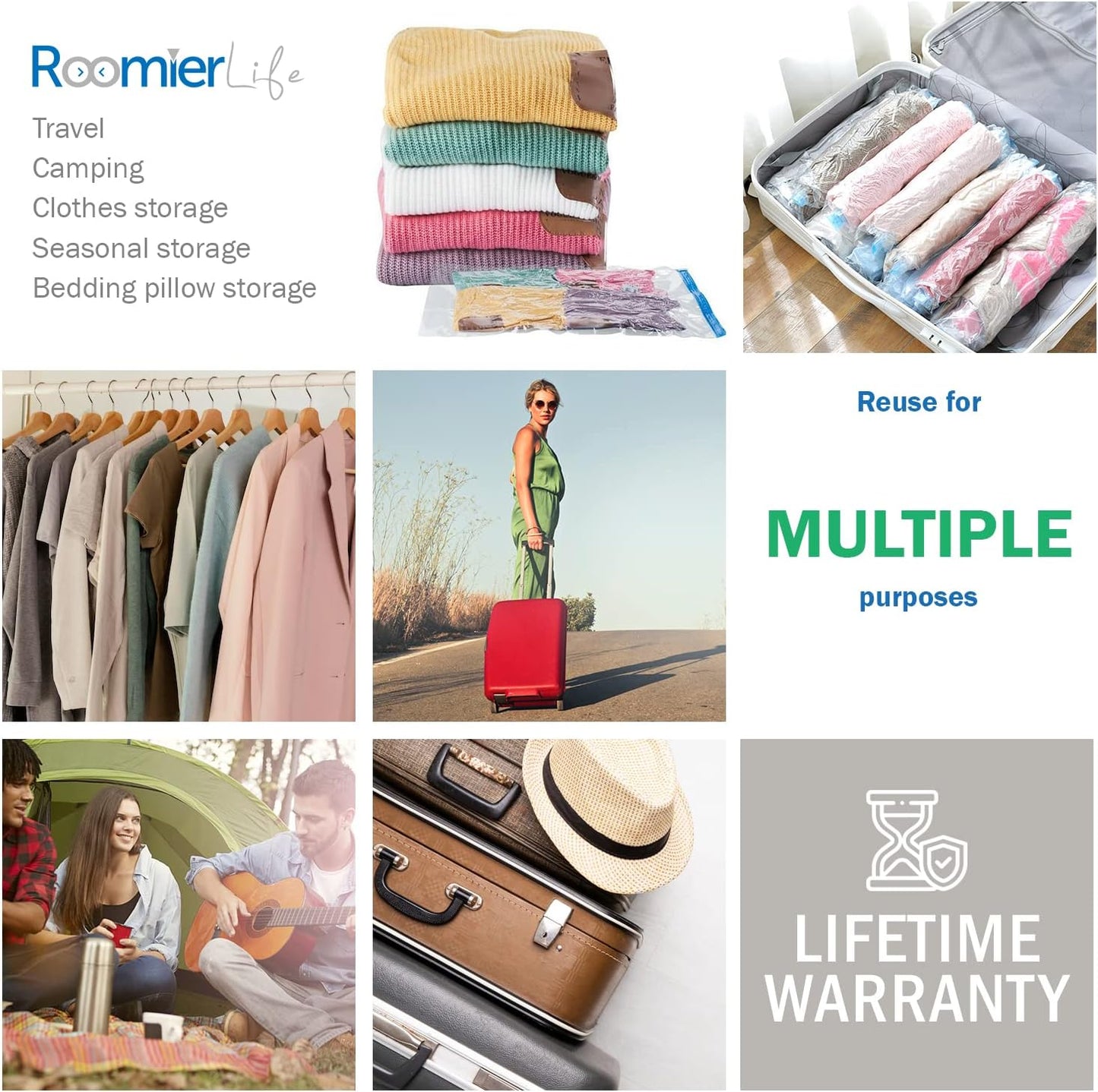 RoomierLife 8 Travel Space Saver Bags. Pack of 8 Bags, Size Medium to Large. Roll-Up Compression Storage (No Vacuum Needed) & Packing Organizers. Perfect for Travel and Home Storage