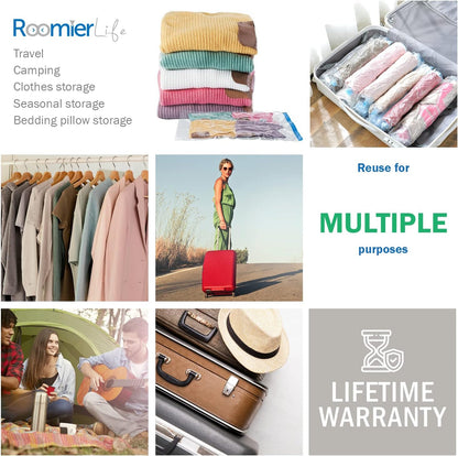 RoomierLife 8 Travel Space Saver Bags. Pack of 8 Bags, Size Medium to Large. Roll-Up Compression Storage (No Vacuum Needed) & Packing Organizers. Perfect for Travel and Home Storage