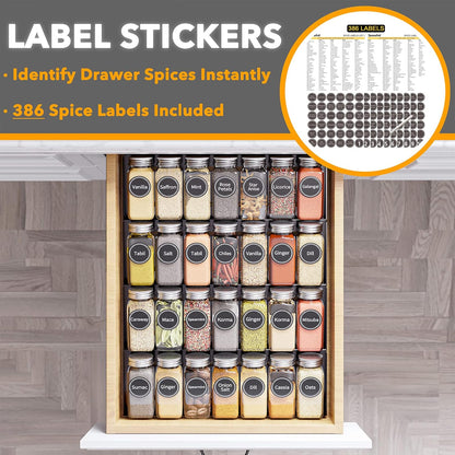 SpaceAid Spice Drawer Organizer with 28 Spice Jars, 386 Spice Labels, 4 Tier Seasoning Rack Tray Insert for Kitchen Drawers, 13" Wide x 17.5" Deep