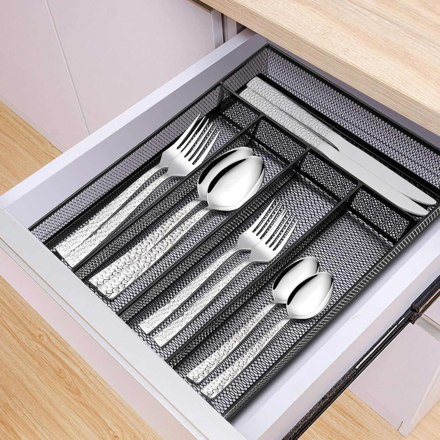 E-far Kitchen Drawer Organizer, Mesh Wire Utensil Tray Drawer Organizer, Black Narrow Metal Silverware Flatware Cutlery Holder/Divider with Foam Feet, 5 Compartment & Small Size - 12.5 x 9.25-Inch