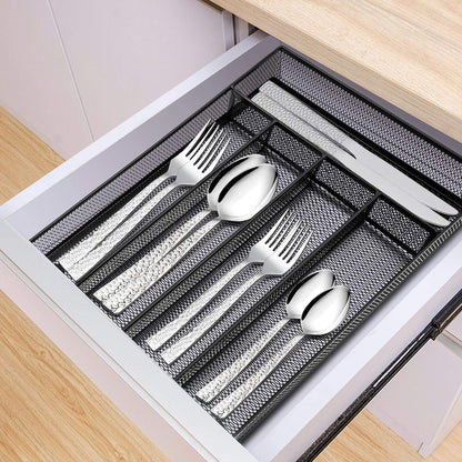 E-far Kitchen Drawer Organizer, Mesh Wire Utensil Tray Drawer Organizer, Black Narrow Metal Silverware Flatware Cutlery Holder/Divider with Foam Feet, 5 Compartment & Small Size - 12.5 x 9.25-Inch