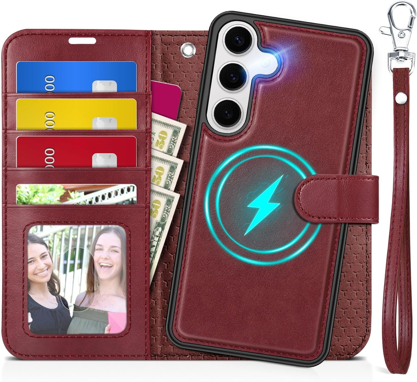 TUCCH Case for Galaxy S25 (6.2") 2025 5G, [Removable] 2 in 1 Wallet Stand Cover with[Wrist Strap][RFID Blocking][Wireless Charging][Card Holders] Shockproof Magnetic PU Leather Folding Case, Dark Red
