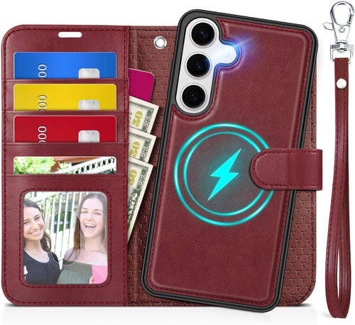 TUCCH Case for Galaxy S25 (6.2") 2025 5G, [Removable] 2 in 1 Wallet Stand Cover with[Wrist Strap][RFID Blocking][Wireless Charging][Card Holders] Shockproof Magnetic PU Leather Folding Case, Dark Red