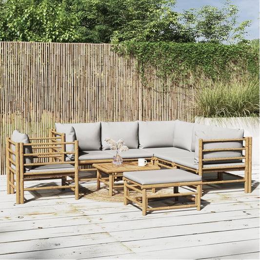 Homgoday Set Salotto da Giardino 8pz con Cuscini Grigio Chiaro bambù, Lettini Prendisole, Divano Letto Mobili, Lettini da Giardino, Lettino da Piscina da Esterno Piscina