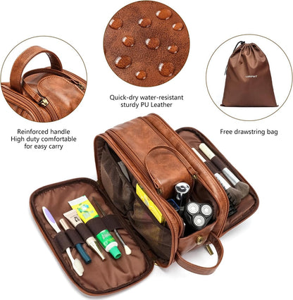 Laripwit Travel Toiletry Bag for Men Large PU Leather Shaving Dopp Kit Water-Resistant Cosmetic Toiletries Organizer Pouch Bathroom Hygiene Case Gift for Mens Brown