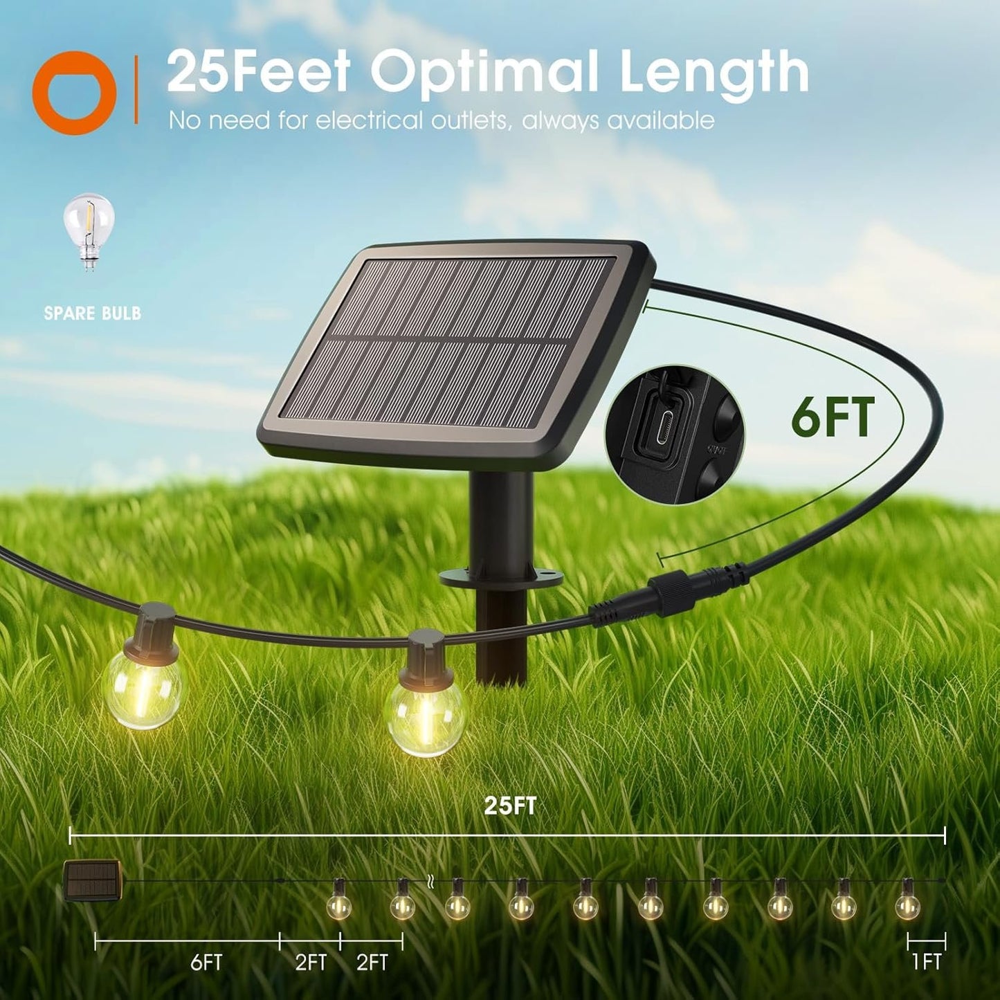 addlon 25FT Solar Lights Outdoor with Remote, 13 Shatterproof G40 Bulbs, Solar Powered & USB Charging Solar Outdoor Lights, Dimmable Waterproof Solar String Lights for Outside, Camping, Backyard