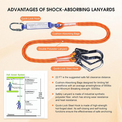 Fall Protection Premium Safety Harness with Shock Absorbing Lanyard, Roofing Constructio Harness, Vented & Padded Shoulder, Legs & Back - Upgrade 4 Quick Buckles(Orange)