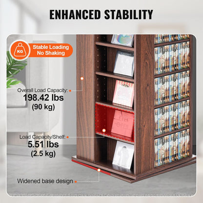 VEVOR Espresso Rotating Media Tower, 10-Adjustable Shelf, Wood & Iron, 164.5cm, Brown, Home Organization, Media, Memorabilia