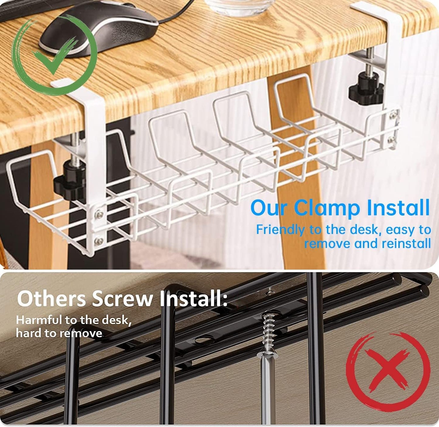 Under Desk Cable Management Tray, No-Drill Under Desk Cable Organizer for Wire Management Desk Cable Rack with 20 PCS Reusable Cable Ties Metal Under Desk Cord Organizer for Office and Home (White)