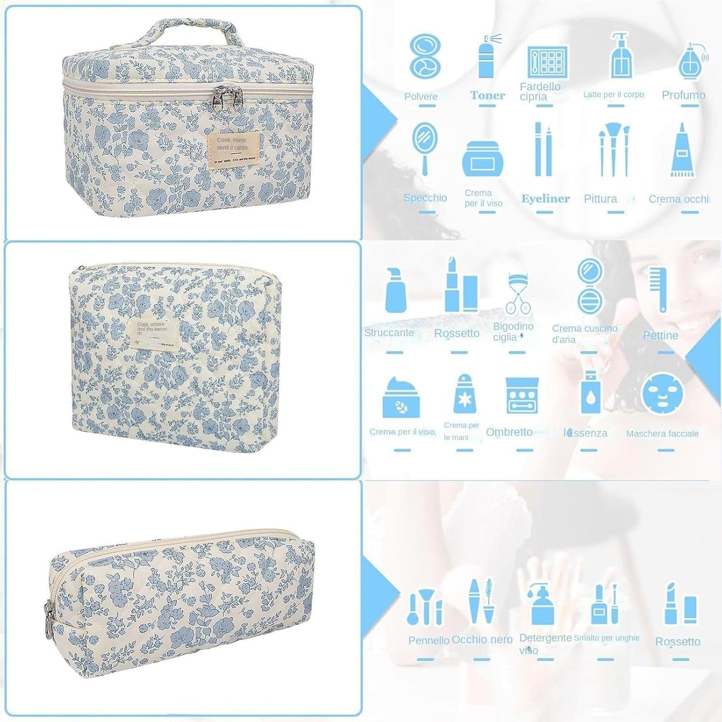 Floral Makeup Bag Set, 3-Piece Quilted Cosmetic Organizer, Blue, Travel Toiletry Pouch, Cotton Carry Bag for Brushes, Shampoo, Facial Cleanser, Accessories, blue, Please refer to description