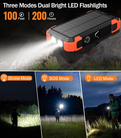 GOODaaa Portable Charger 42800mAh Built in 4 Cables and Thermometer 15W Fast Charging Power Bank Five Outputs Three Inputs Solar Charger Power Bank, SOS/Strobe/Strong Flashlights, Carabiner