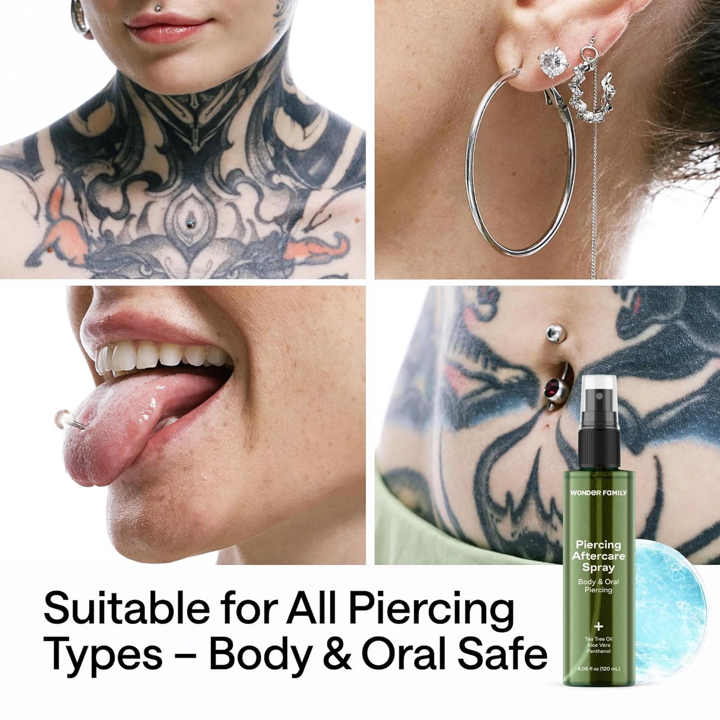 Piercing Aftercare Spray - Sterile Saline Solution for Piercings with Panthenol & Tea Tree Oil for Piercing Bumps - Lip, Body, Nose Rings, & Ear Piercing Cleaner - Keloid bump removal for piercings
