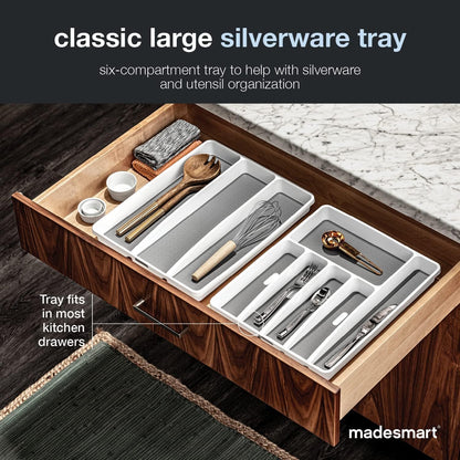 Madesmart Classic 6-Compartment Plastic Silverware Tray for Drawers, Cutlery and Utensil Tray Kitchen Drawer Organizer, White