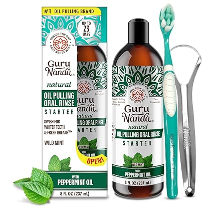 uruNanda Starter Pulling Oil Mouthwash for Natural Teeth Whitening, Coconut and Peppermint Oil for Fresh Breath & Happy Gums, Alcohol-Free, 8 Oz