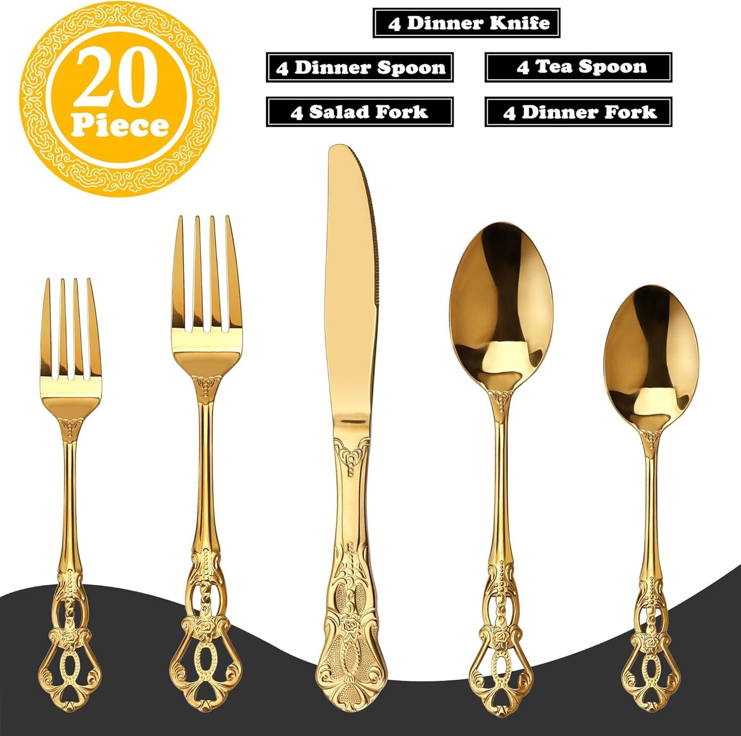 Runfly Gorgeous Retro Royal Gold Stainless Steel 20 Pieces Flatware Set, Golden Silverware Set, Anti-Rust Stainless Steel Gold Cutlery Set Utensils Including Fork Spoon and Knife