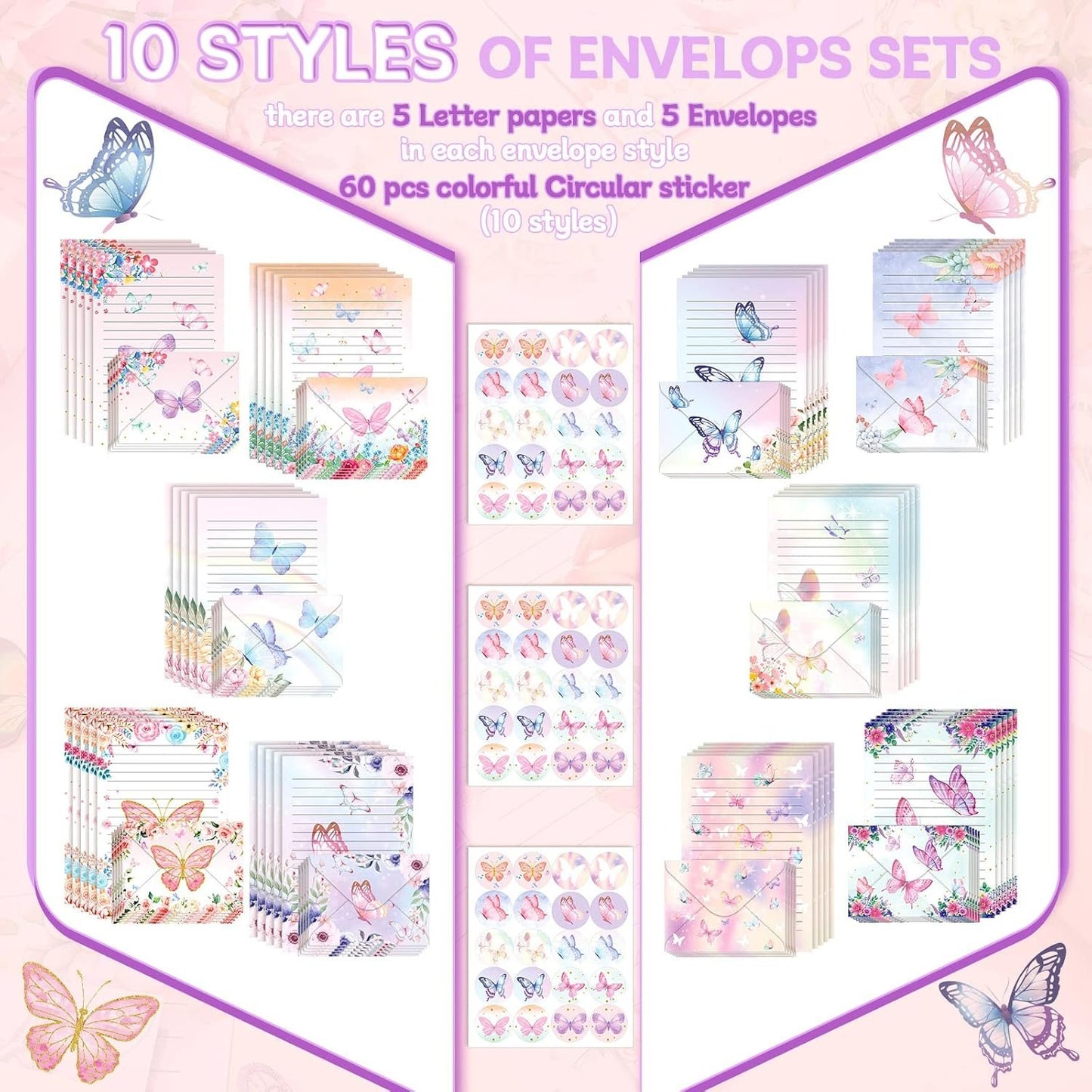 TaoBary 160 Packs Stationery Paper Set (50 Double Sided Stationery Writing Papers 50 Matching Envelopes) 60 Round Dot Sticker, 10 Design(Watercolor Butterfly,5.5 x 8.25 Inch)