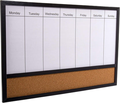 DESK TECH Versatileal Weekly Planner - Half Dry Erase Magnetic White Board with Cork Bulleting Board - 16 x 24 inches, Black Pinewood Wooden Frame - Hangable, Versatile for School, Office and Home Use