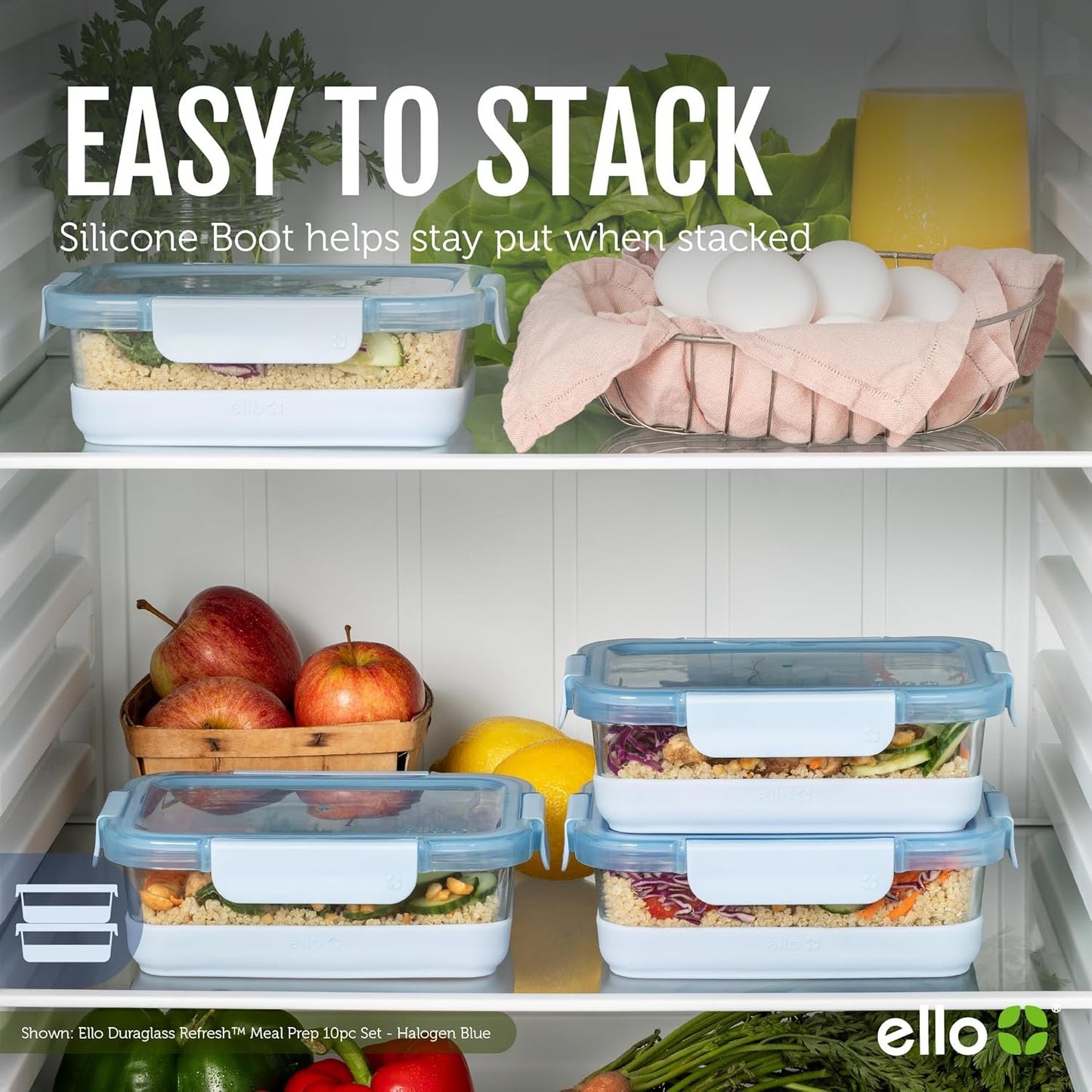 Ello Duraglass Refresh 3.4 Cup Meal Prep Sets 10Pc, 5 Pack Set- Glass Food Storage Container with Silicone Boot and Airtight BPA-Free Plastic Lids, Dishwasher, Microwave and Freezer Safe, Garden Goals