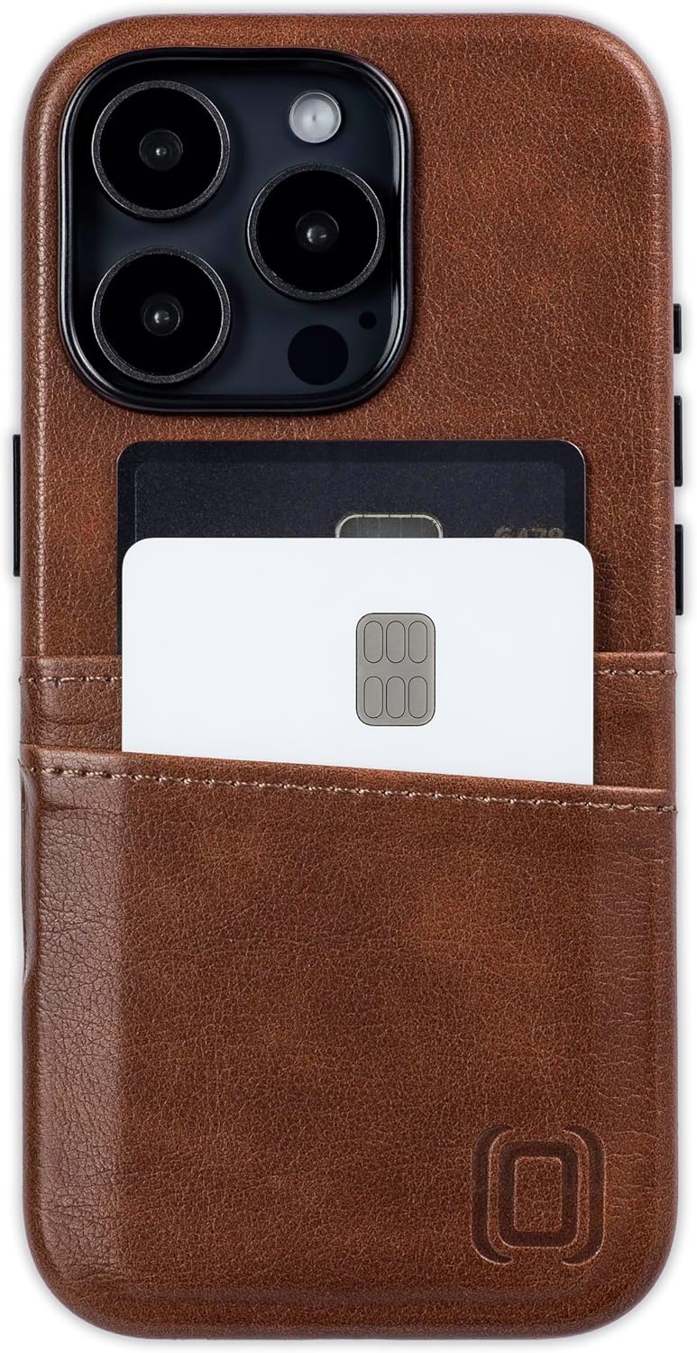 Dockem Card Case for iPhone 16 Pro with Built-in Metal Plate for Magnetic Mounting & 2 Card Holder Pockets: M2 Exec Premium Synthetic Leather Wallet Case (Brown)