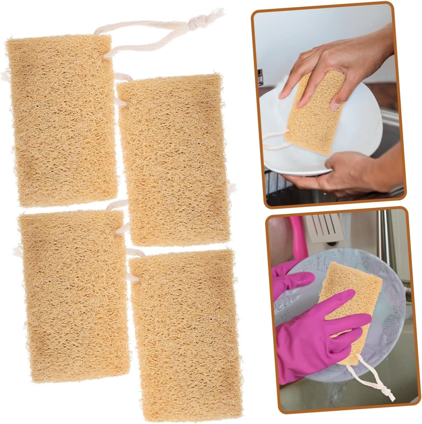 SHERCHPRY 4Pcs Natural Loofah Sponge Dish Scrubber Kitchen Multi Functional and Lightweight for Dishwashing