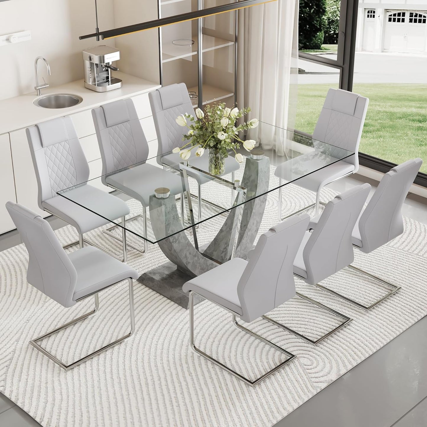 Glass Dining Table Set for 8, 9 PCS Kitchen Table Set with 8 Chairs,71" Tempered Glass Tabletop with Upholstered Chairs, Suitable for Dining Room and Kitchen