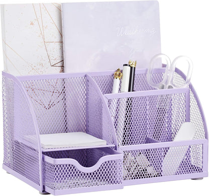 Annova Mesh Desk Organizer Office with 7 Compartments + Drawer/Desk Tidy Candy/Pen Holder/Multifunctional Organizer (light purple)
