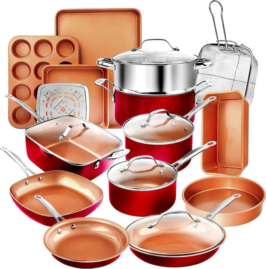 Gotham Steel 20 Pc Pots and Pans Set Nonstick Cookware + Bakeware Set, Complete Ceramic for Kitchen, Non Stick with Lids, Dishwasher/Oven Safe, Toxic - Red