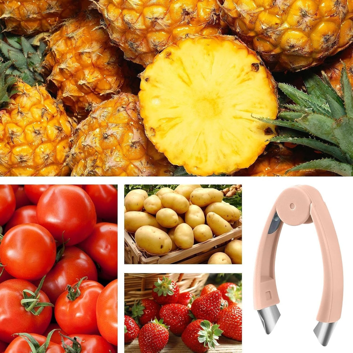 Keyubria Strawberry Huller - Stainless Steel Pineapple Eye Removal Tool | Ergonomic Handle Tweezers, Kitchen Food Prep Cooking Utensils for Tomatoes, Cherry, Potatoes, Pepper