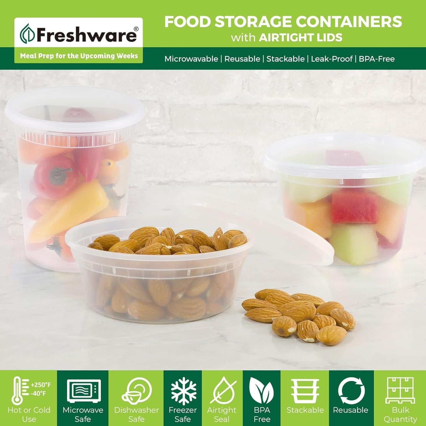 Freshware Food Storage Containers with Lids [60 Pack] 8, 16, 32 oz, 20 sets each Plastic Deli Containers, Meal Prep Containers, Microwave and Freezer Safe, Stackable, Leakproof, BPA Free, Clear