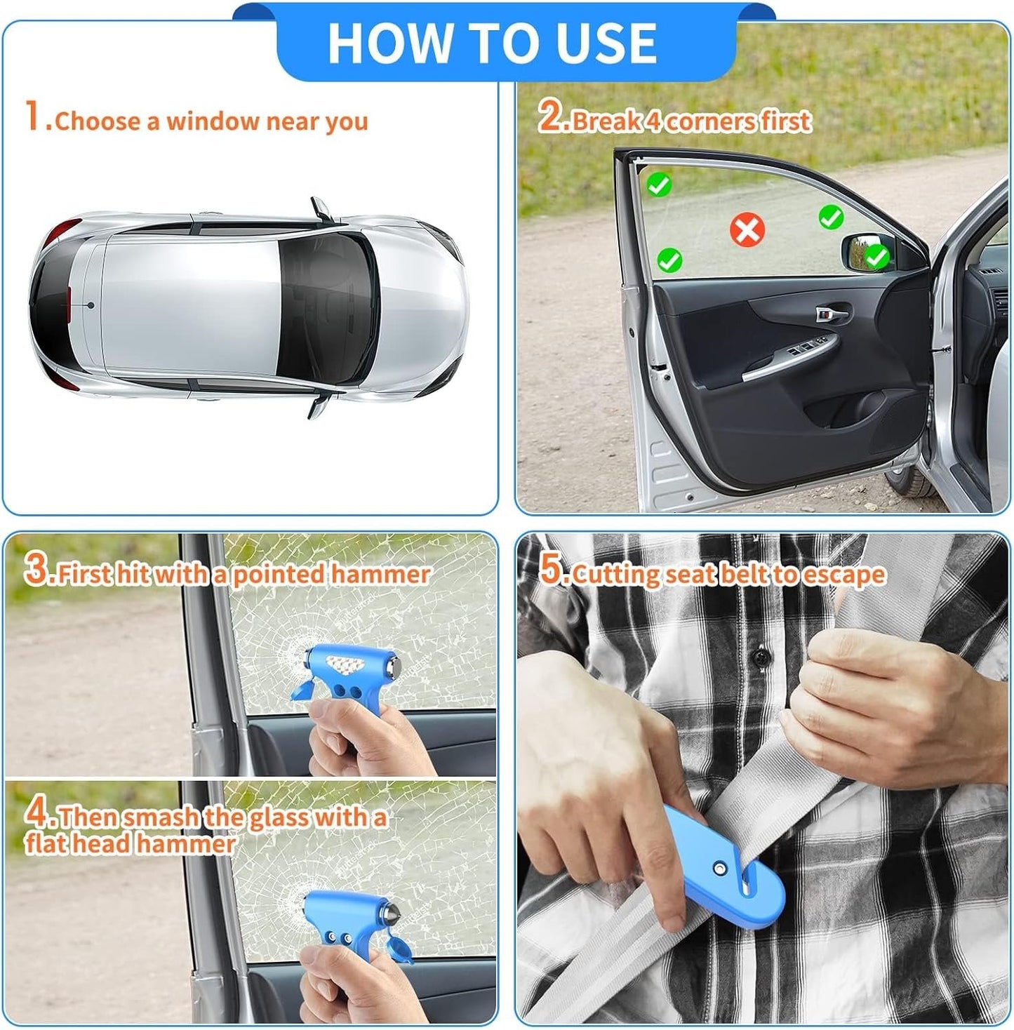 BSUXMAFG Car Safety Hammer, 2 Pack 3-in-1 Emergency Escape Tool with Window Breaker and Seat Belt Cutter, Safety Emergency Car Escape Tool for Car, Office, Home,, Pink&Blue