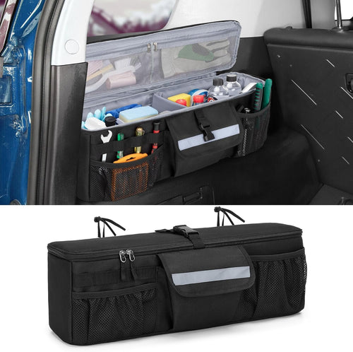 GRAOSO Car Trunk Organizer Compatible with Toyota FJ Cruiser 2007-2021, Rear Storage Bag with 3 Pieces of 1.5â€ Wide Hook&Loop Tapes, 2 Adjustable Hanging Loops, Multiple Pockets, Black