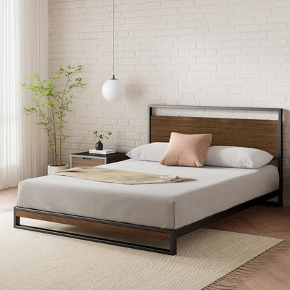 Zinus Ironline Industrial Queen Bed Frame Base, Metal Pine Heavy Solid Wood Suzanne Mattress Platform Base Support, Bedroom Furniture, Easy Assembly