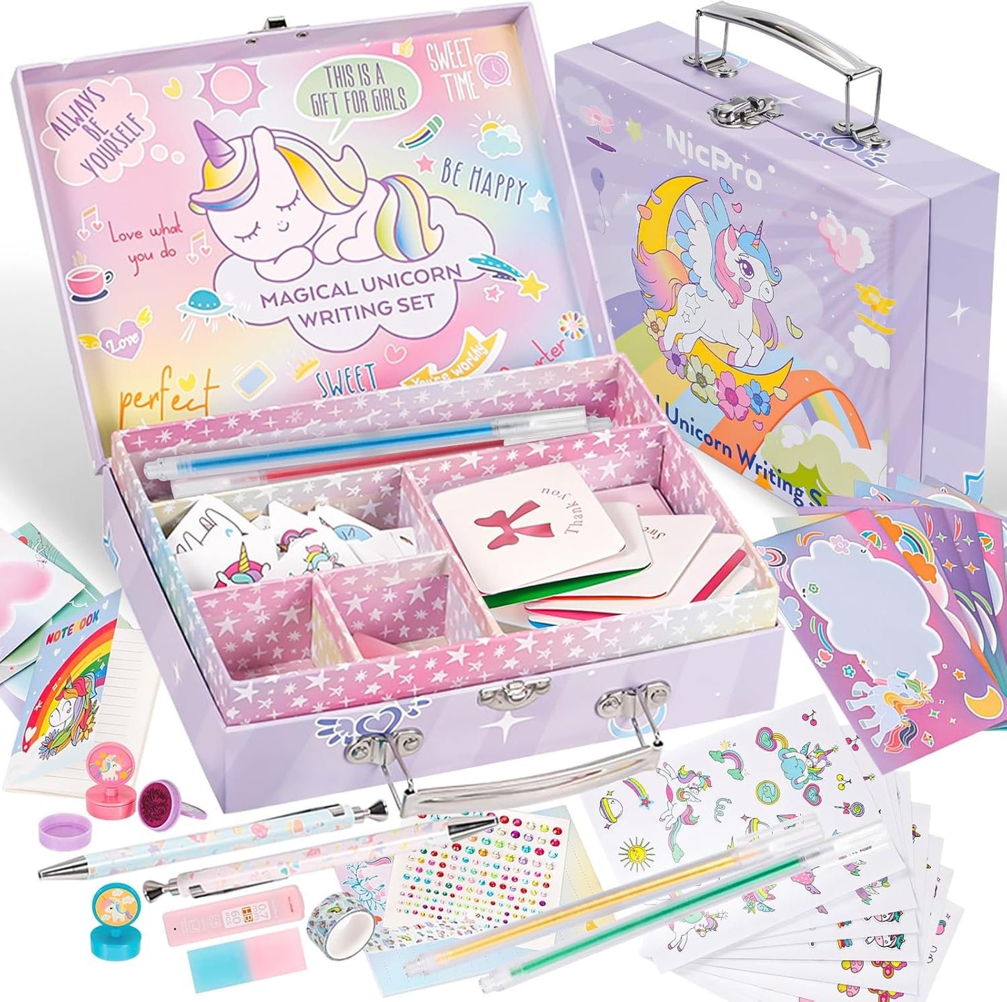 Nicpro 62PCS Unicorn Stationary Set for Girls,Unicorn Kid Toys for Aged 6-10 Years Old, Cute Stationery Supplies Letter Writing Kit Gift for 5,6,7,8,9,10 - Little Girls Ideal Christmas Birthday Gifts