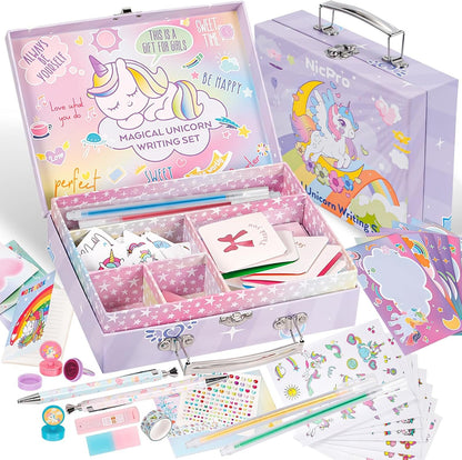 Nicpro 62PCS Unicorn Stationary Set for Girls,Unicorn Kid Toys for Aged 6-10 Years Old, Cute Stationery Supplies Letter Writing Kit Gift for 5,6,7,8,9,10 - Little Girls Ideal Christmas Birthday Gifts