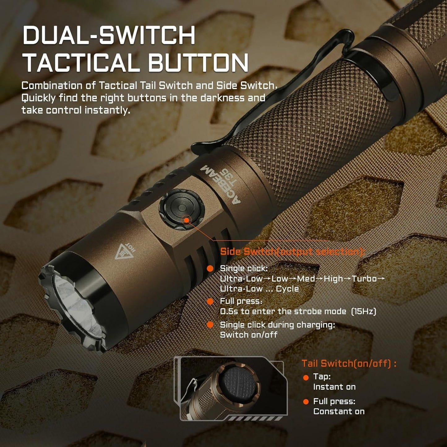 ACEBEAM T35 Tactical EDC Flashlight Gifts for Men, 1600 High Lumens Flashlight Rechargeable, Dual Switches Tactical Flashlight, Super Bright Pocket LED Flashlight for Emergency, Camping, T35-C-5000K
