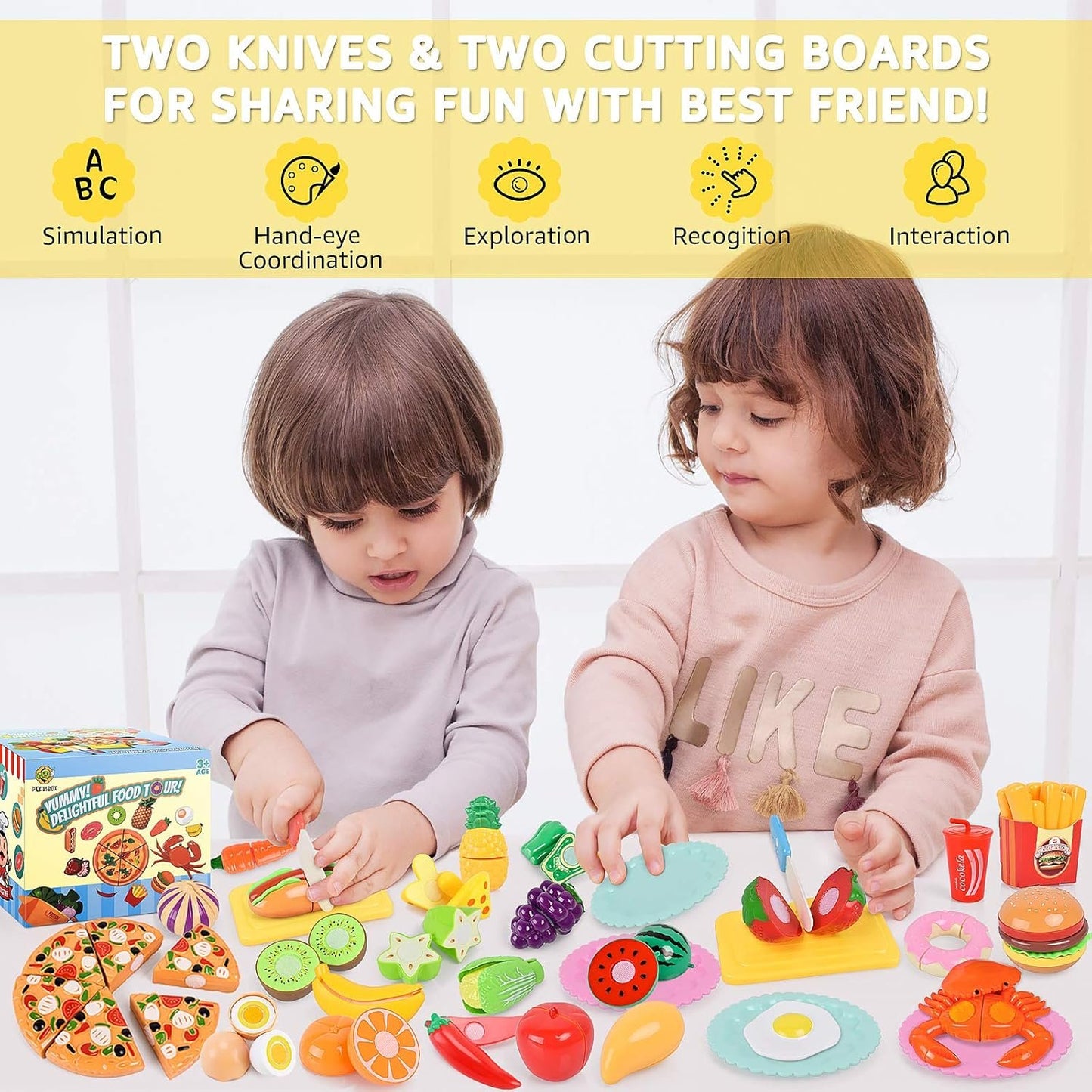 70PCS Pretend Play Food Sets for Kids Kitchen Toys Accessories Set BPA Free Plastic Pizza Toy Food Fruits and Vegetables Dishes Playset Christmas Birthday Gift Toys for Toddlers Boys Girls Storage Box
