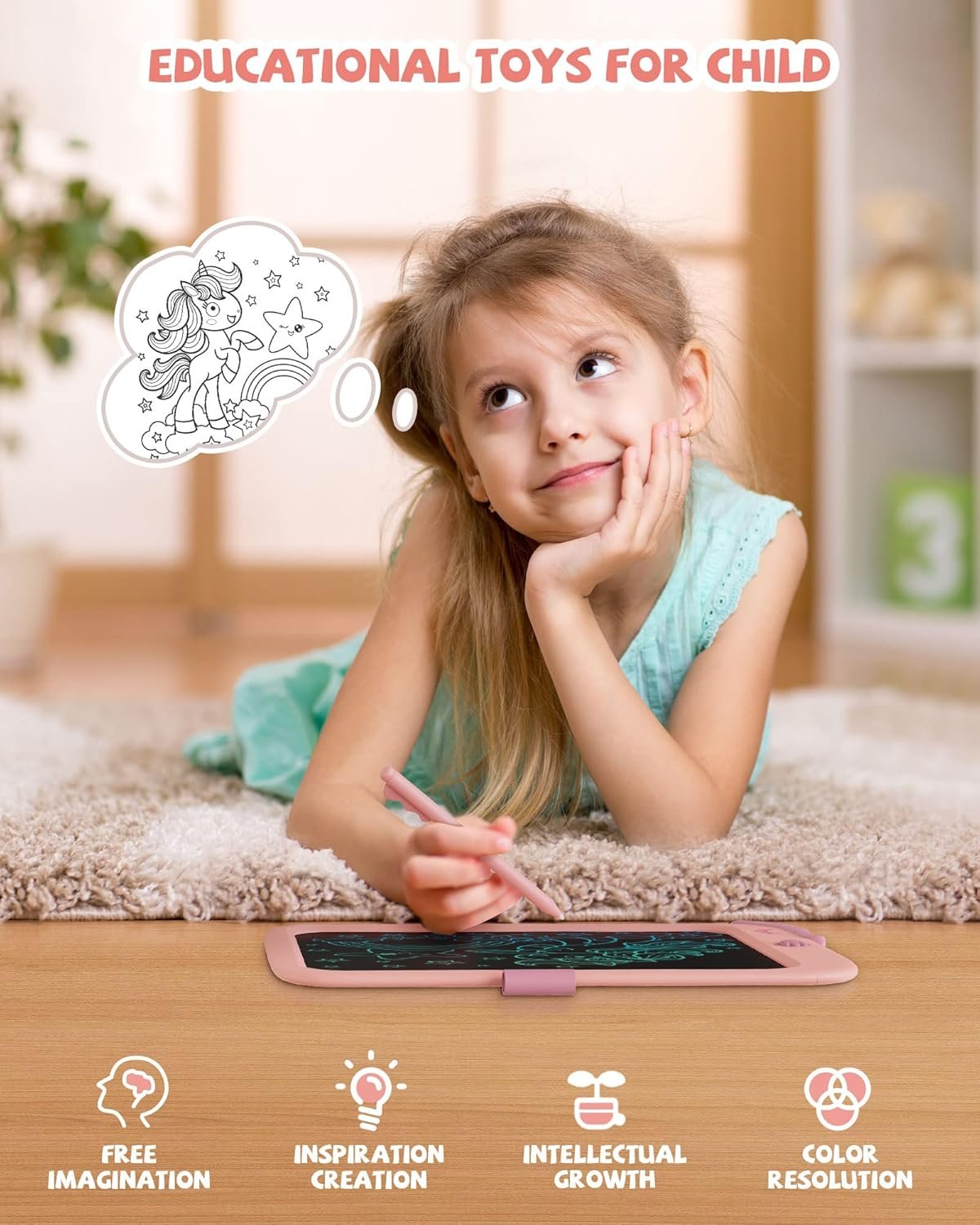 Toys for Girls 10 inch Doodle Board Drawing Pad Tablet with Lock Function, Erasable, Portable, Educational Learning Unicorn Toy Gifts for 3 4 5 6 7 8 9 Years Old Girls Toddlers (Pink)