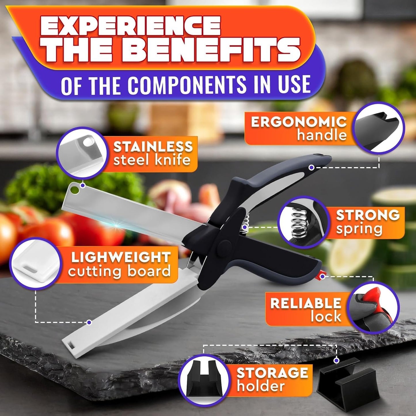 Kitchen Scissors for Food â€“ 2-in-1 Cutting Board Scissors & Knife with Locking Mechanism & Stainless Steel Blades â€“ Multifunctional Kitchen Shears for Effortless Chopping, Slicing & Meal Prep