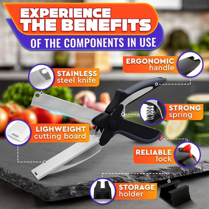 Kitchen Scissors for Food â€“ 2-in-1 Cutting Board Scissors & Knife with Locking Mechanism & Stainless Steel Blades â€“ Multifunctional Kitchen Shears for Effortless Chopping, Slicing & Meal Prep